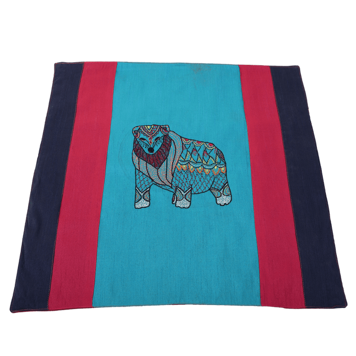 INDHA Cushion Cover | Blue, Pink, and Navy Blue Dupion Silk Cushion Cover | Hand Embroidered Chain Stitch and Kantha Work Multicolor Jungle-Bear Design | Hand Embroidered Cushion Cover |