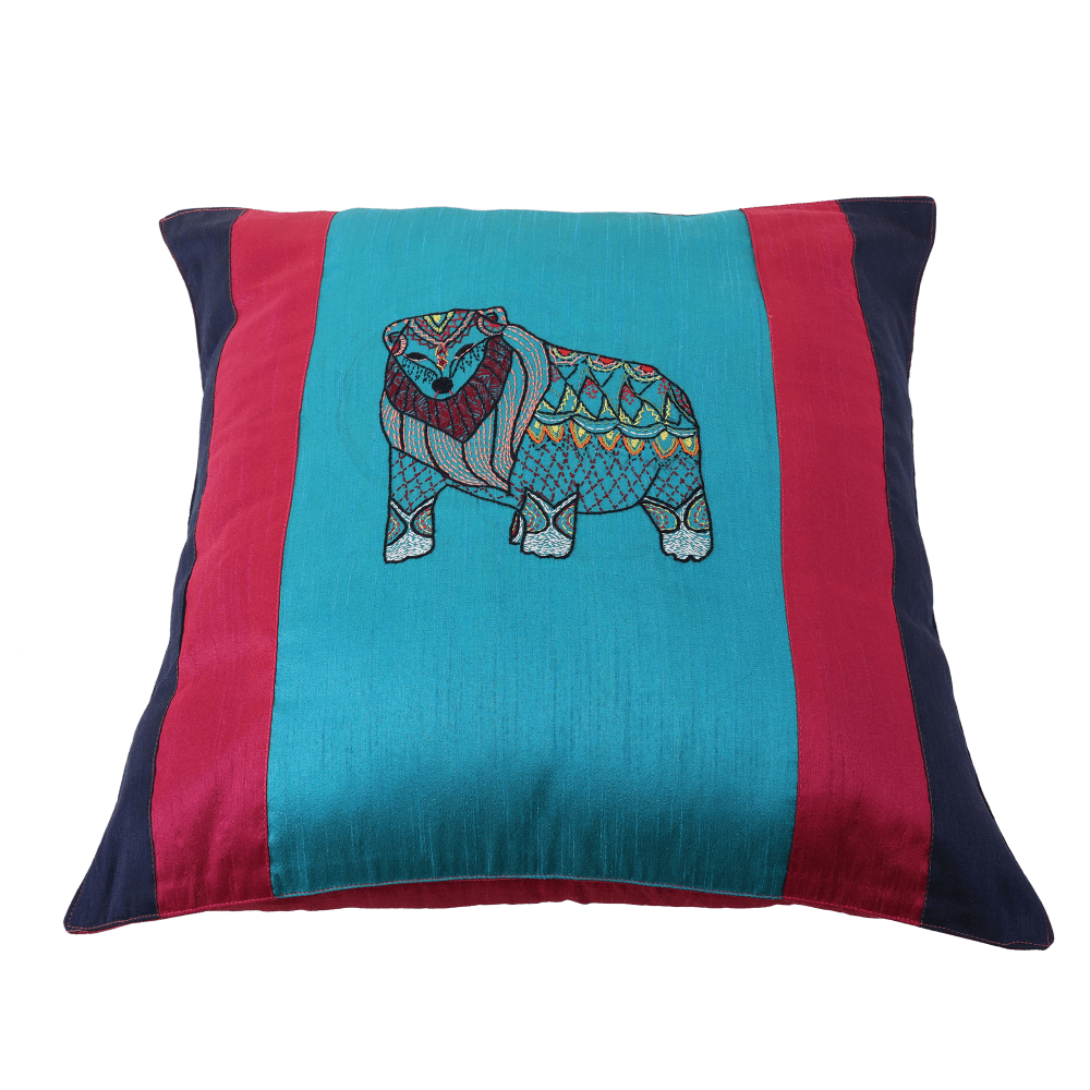INDHA Cushion Cover | Blue, Pink, and Navy Blue Dupion Silk Cushion Cover | Hand Embroidered Chain Stitch and Kantha Work Multicolor Jungle-Bear Design | Hand Embroidered Cushion Cover |