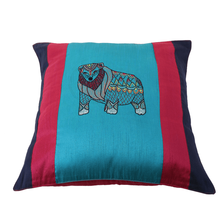 INDHA Cushion Cover | Blue, Pink, and Navy Blue Dupion Silk Cushion Cover | Hand Embroidered Chain Stitch and Kantha Work Multicolor Jungle-Bear Design | Hand Embroidered Cushion Cover |
