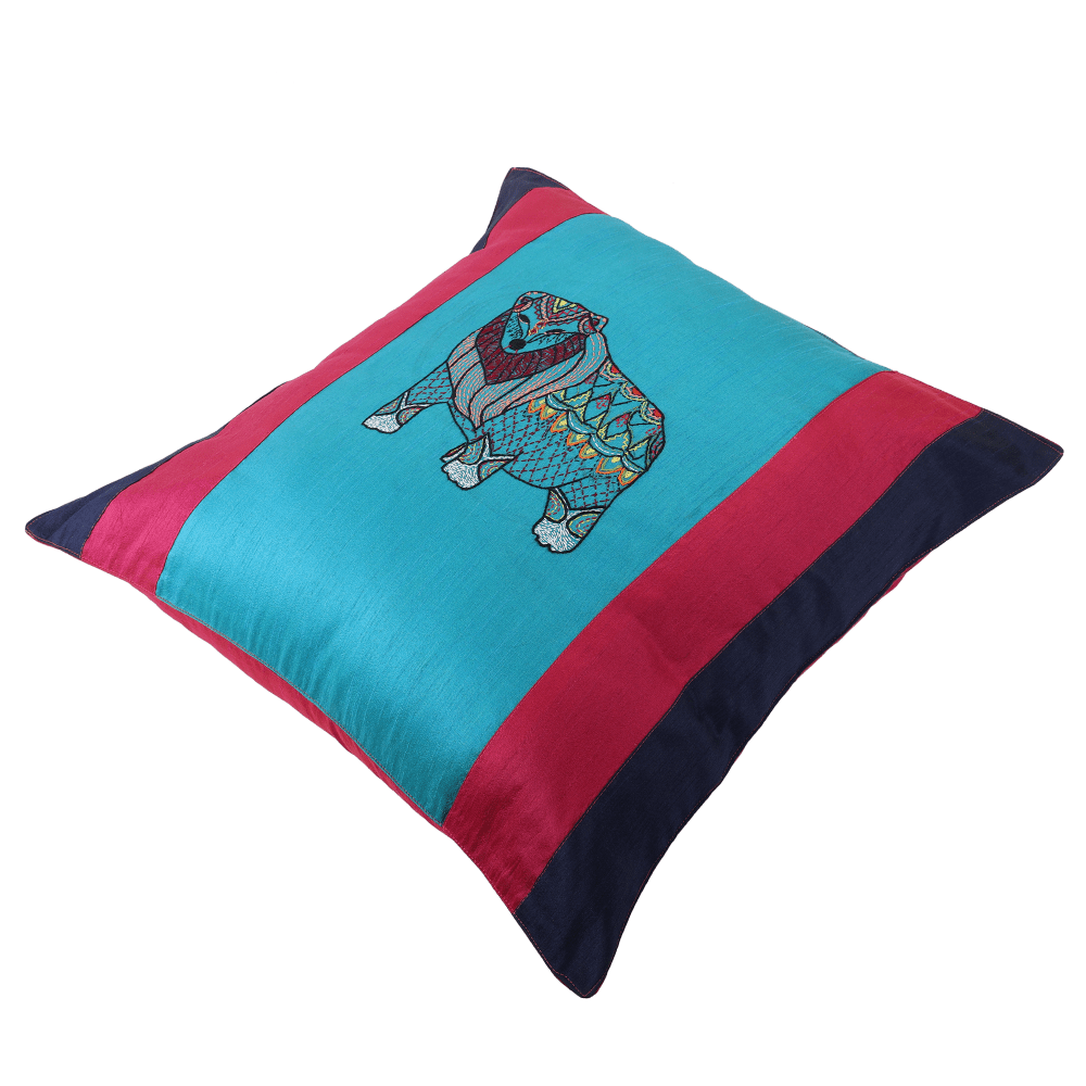 INDHA Cushion Cover | Blue, Pink, and Navy Blue Dupion Silk Cushion Cover | Hand Embroidered Chain Stitch and Kantha Work Multicolor Jungle-Bear Design | Hand Embroidered Cushion Cover |
