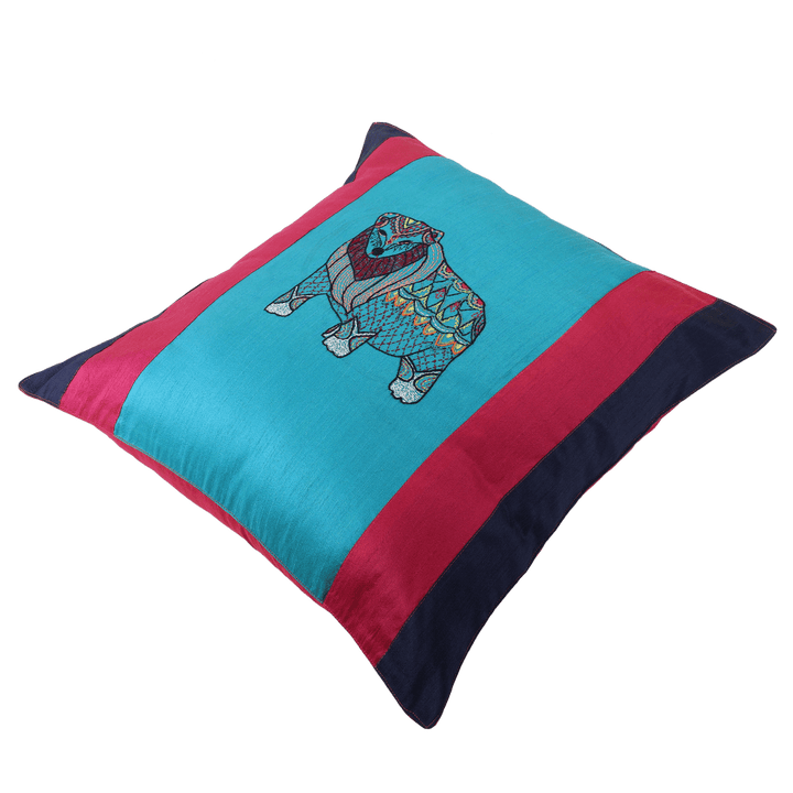 INDHA Cushion Cover | Blue, Pink, and Navy Blue Dupion Silk Cushion Cover | Hand Embroidered Chain Stitch and Kantha Work Multicolor Jungle-Bear Design | Hand Embroidered Cushion Cover |