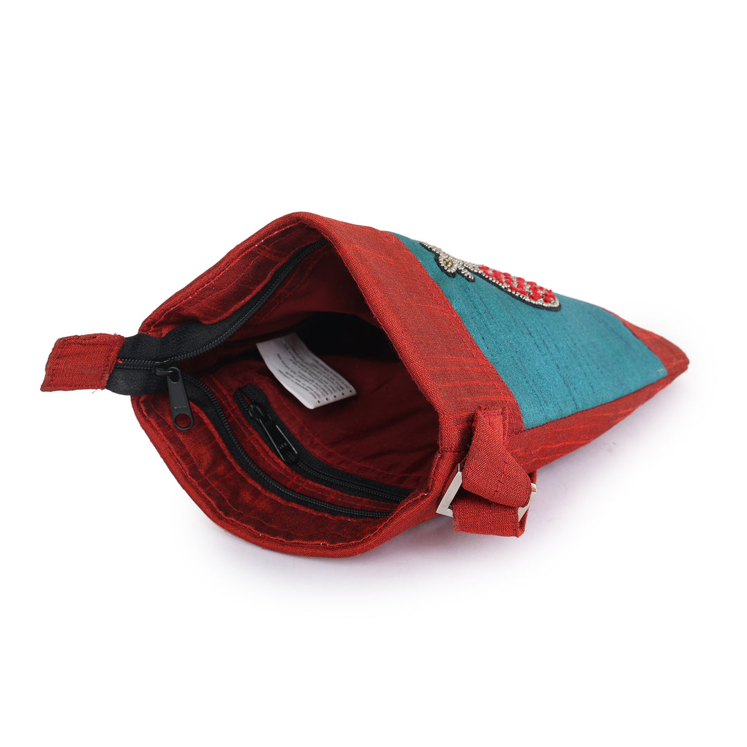 INDHA Zardozi embroidery Maroon &amp; Teal Green Sling Bag | Upcycled Fabric | Owl motif | College Bag | Corporate Giveaway | Eco-friendly bag | Hand-embroidered product
