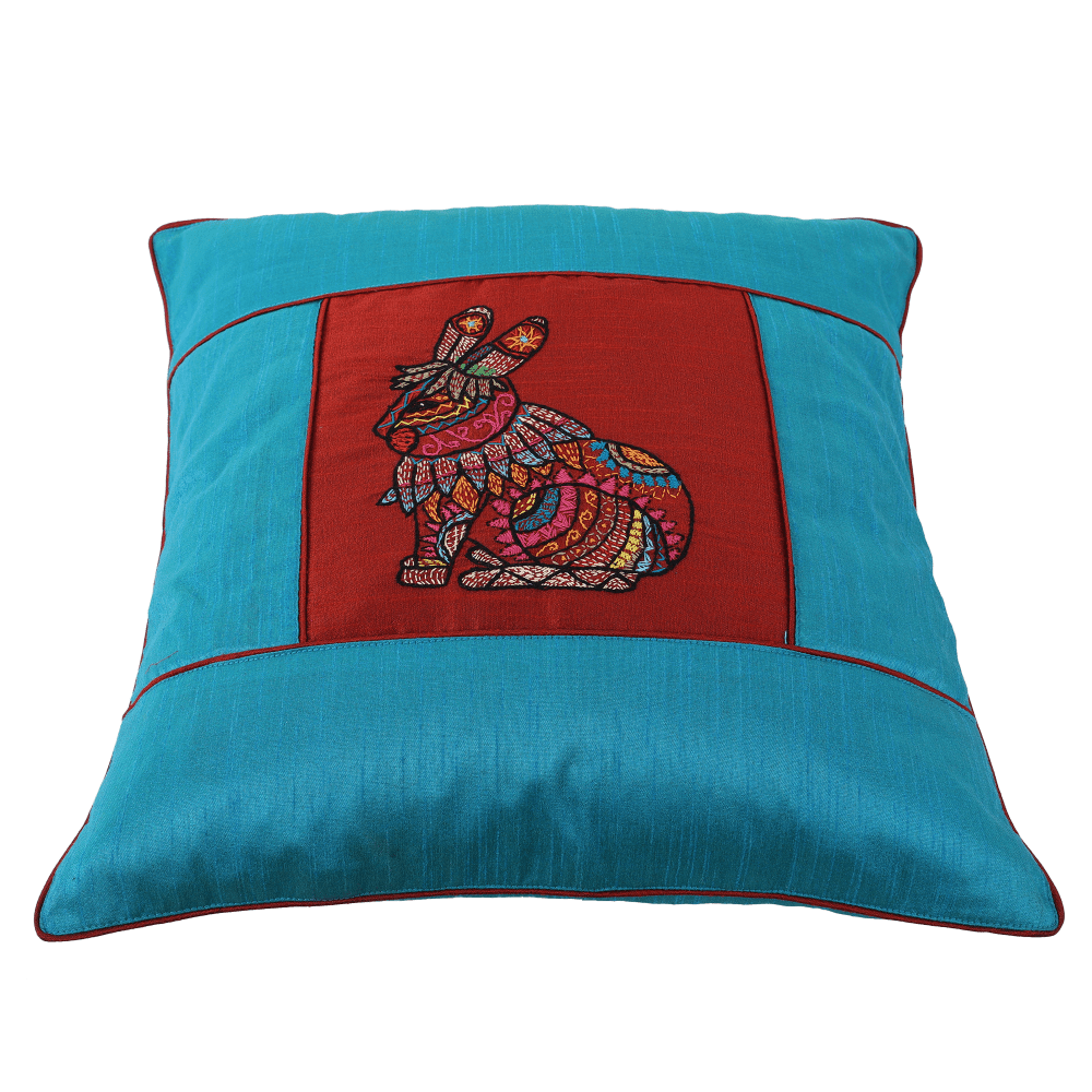 INDHA Cushion Cover | Sky Blue And Maroon Dupion Silk Cushion Cover | Hand Embroidered Chain Stitch And Kantha Work Multicolor Rabbit Design | Hand Embroidered Cushion Cover