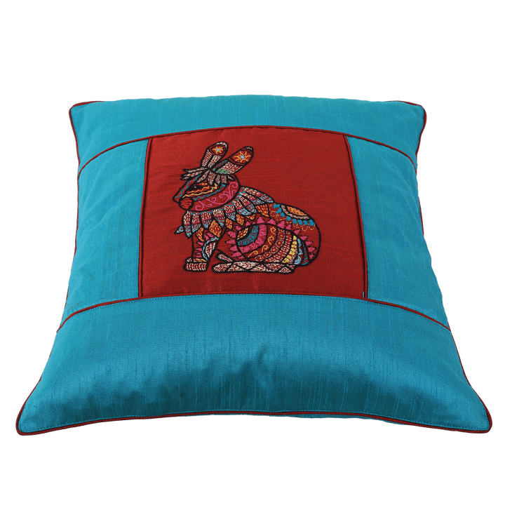 INDHA Cushion Cover | Sky Blue And Maroon Dupion Silk Cushion Cover | Hand Embroidered Chain Stitch And Kantha Work Multicolor Rabbit Design | Hand Embroidered Cushion Cover