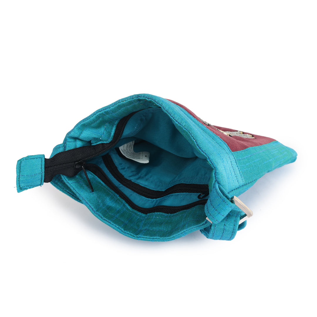 INDHA Sling bag with Exquisite Glass bead Hand-embroidered Owl Motif | Sling bag | Blue | Maroon