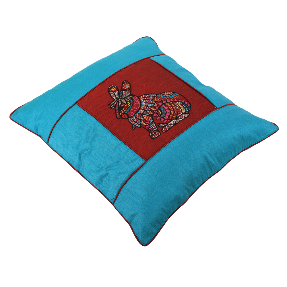 INDHA Cushion Cover | Sky Blue And Maroon Dupion Silk Cushion Cover | Hand Embroidered Chain Stitch And Kantha Work Multicolor Rabbit Design | Hand Embroidered Cushion Cover