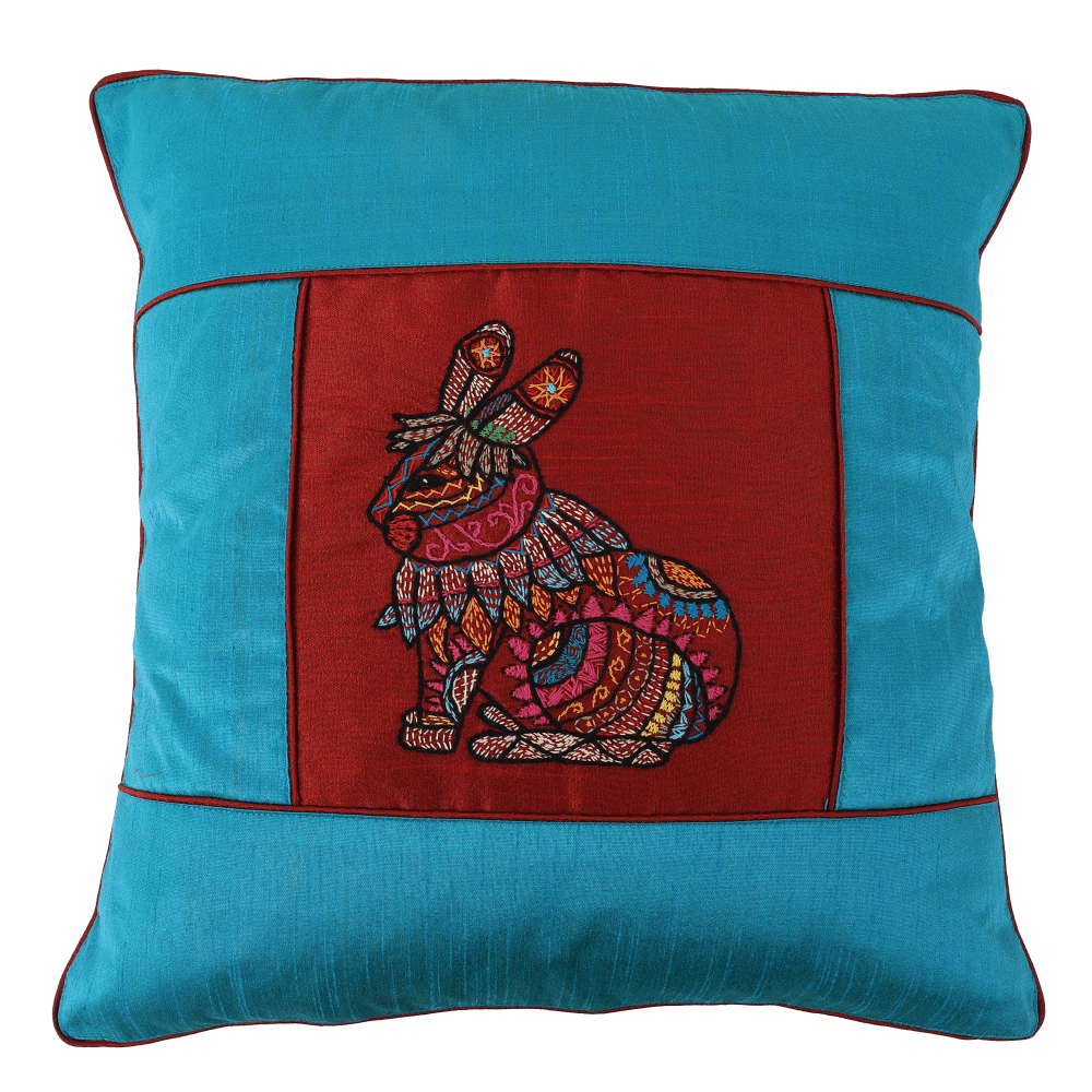INDHA Cushion Cover | Sky Blue And Maroon Dupion Silk Cushion Cover | Hand Embroidered Chain Stitch And Kantha Work Multicolor Rabbit Design | Hand Embroidered Cushion Cover