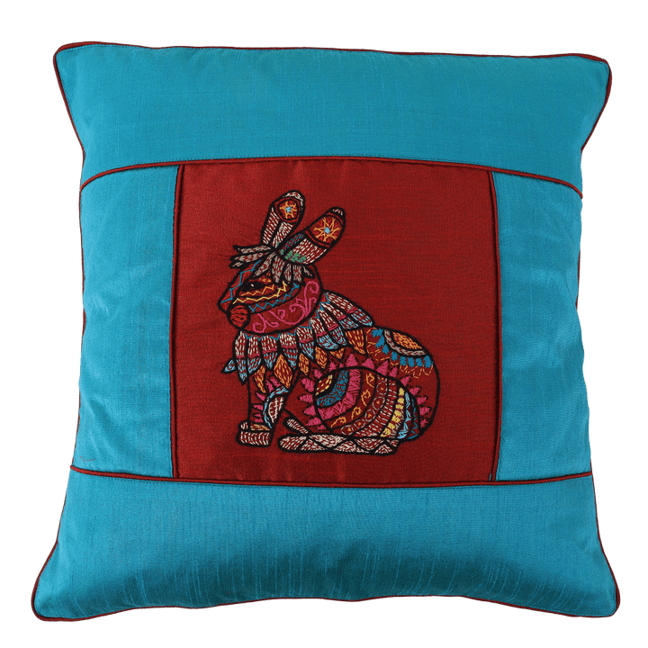 INDHA Cushion Cover | Sky Blue And Maroon Dupion Silk Cushion Cover | Hand Embroidered Chain Stitch And Kantha Work Multicolor Rabbit Design | Hand Embroidered Cushion Cover