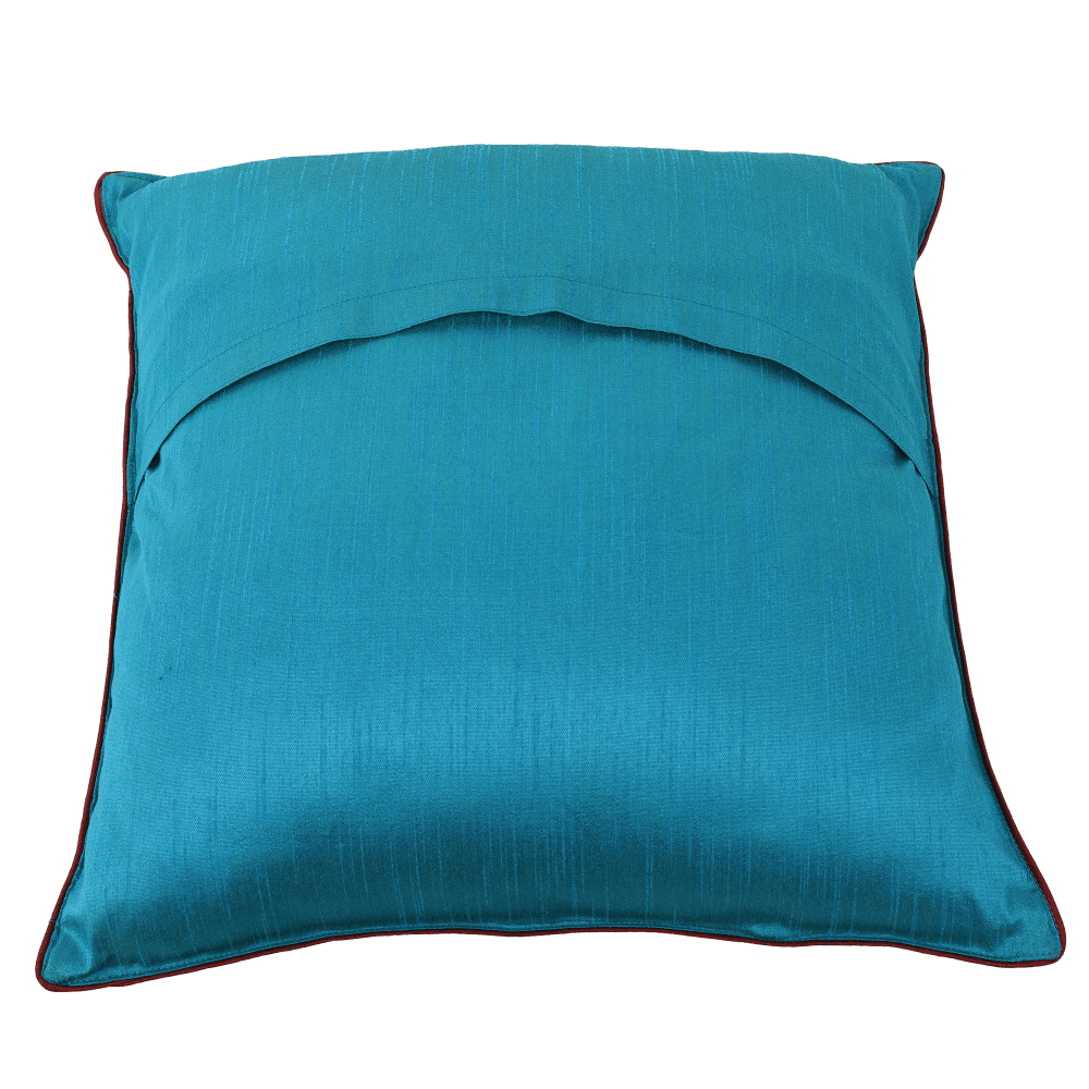 INDHA Cushion Cover | Sky Blue And Maroon Dupion Silk Cushion Cover | Hand Embroidered Chain Stitch And Kantha Work Multicolor Rabbit Design | Hand Embroidered Cushion Cover