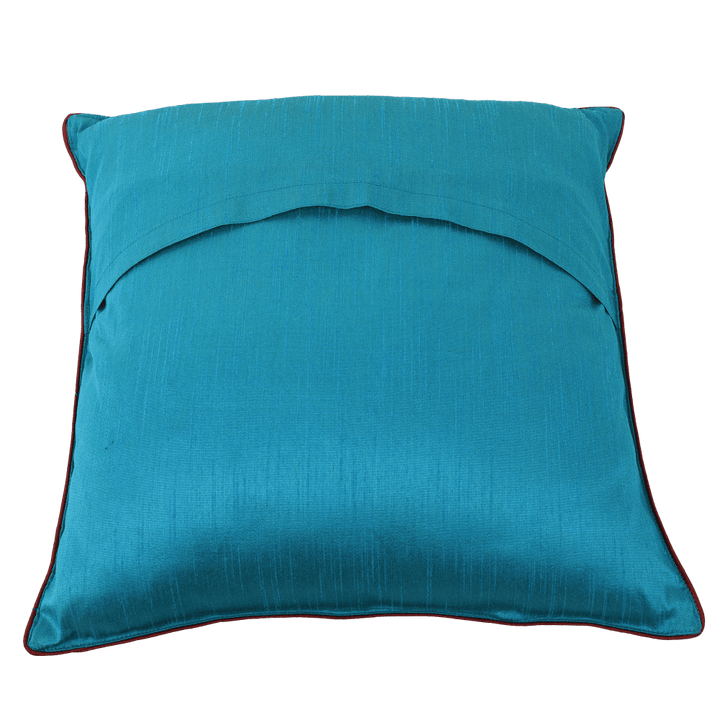 INDHA Cushion Cover | Sky Blue And Maroon Dupion Silk Cushion Cover | Hand Embroidered Chain Stitch And Kantha Work Multicolor Rabbit Design | Hand Embroidered Cushion Cover