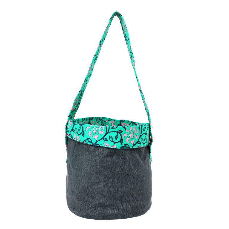 INDHA Planter Cover | Dark Green Cotton Canvas Planter Cover | Green Cotton Planter Cover | Hand Block Printed Pink And Navy Blue Floral Design Motif | Eco-Friendly | Gifting |