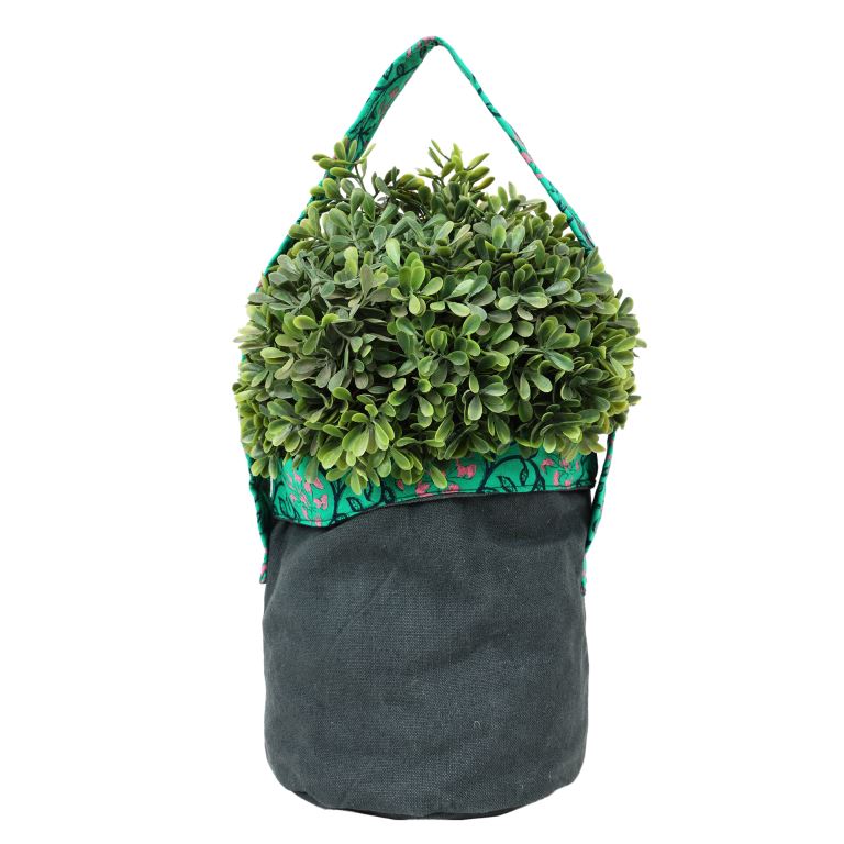 INDHA Planter Cover | Dark Green Cotton Canvas Planter Cover | Green Cotton Planter Cover | Hand Block Printed Pink And Navy Blue Floral Design Motif | Eco-Friendly | Gifting |