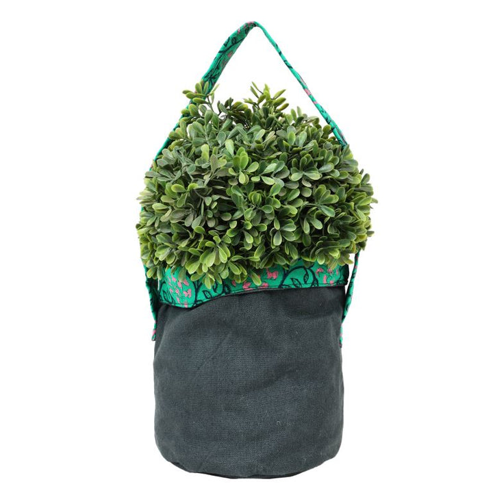 INDHA Planter Cover | Dark Green Cotton Canvas Planter Cover | Green Cotton Planter Cover | Hand Block Printed Pink And Navy Blue Floral Design Motif | Eco-Friendly | Gifting |