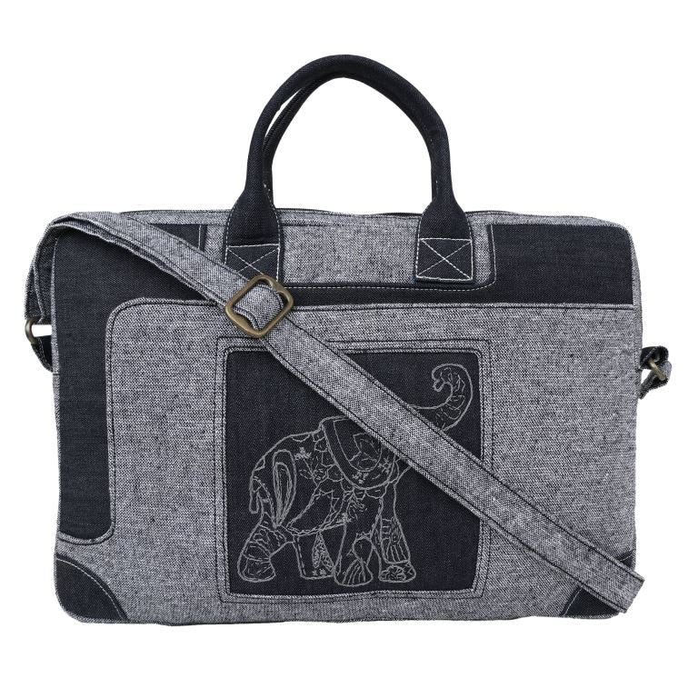 INDHA Laptop Bag | Grey Cotton Laptop Bag | Black Denim Laptop Bag | Hand Embroidered Chain Stitch and Kantha Work Grey Elephant Design | 16 Inch Laptop Bag | Water Resistant Laptop Bag |