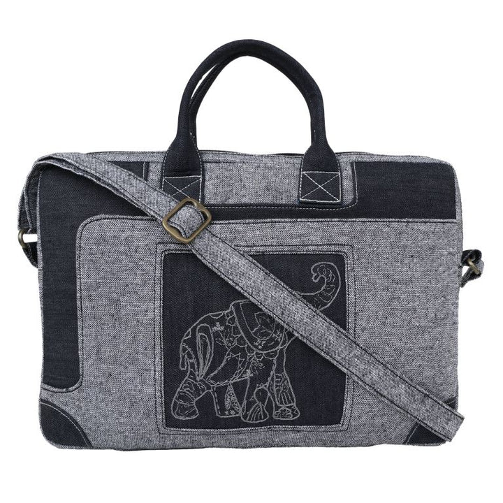 INDHA Laptop Bag | Grey Cotton Laptop Bag | Black Denim Laptop Bag | Hand Embroidered Chain Stitch and Kantha Work Grey Elephant Design | 16 Inch Laptop Bag | Water Resistant Laptop Bag |