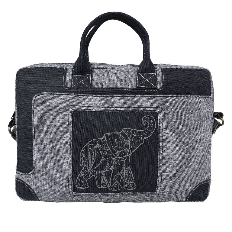 INDHA Laptop Bag | Grey Cotton Laptop Bag | Black Denim Laptop Bag | Hand Embroidered Chain Stitch and Kantha Work Grey Elephant Design | 16 Inch Laptop Bag | Water Resistant Laptop Bag |