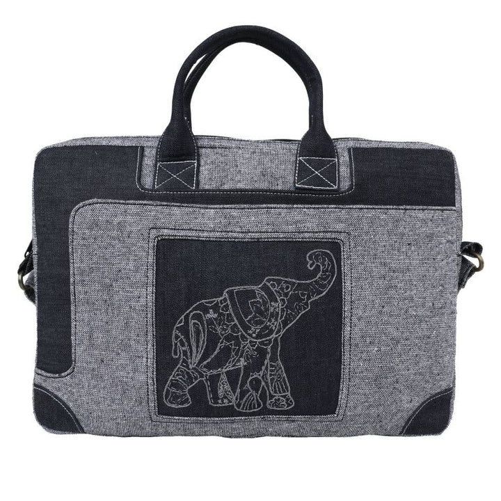 INDHA Laptop Bag | Grey Cotton Laptop Bag | Black Denim Laptop Bag | Hand Embroidered Chain Stitch and Kantha Work Grey Elephant Design | 16 Inch Laptop Bag | Water Resistant Laptop Bag |
