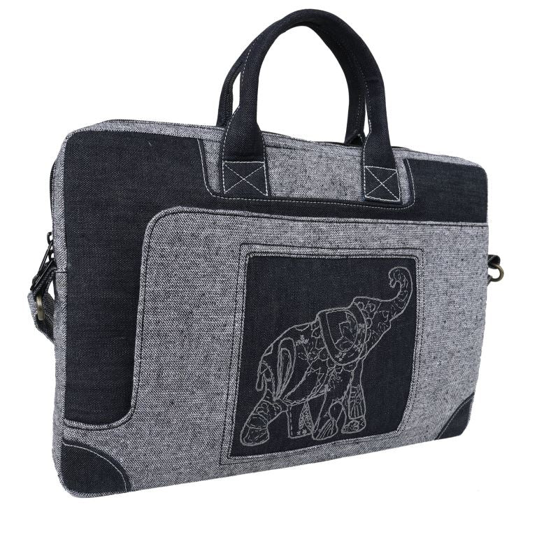 INDHA Laptop Bag | Grey Cotton Laptop Bag | Black Denim Laptop Bag | Hand Embroidered Chain Stitch and Kantha Work Grey Elephant Design | 16 Inch Laptop Bag | Water Resistant Laptop Bag |