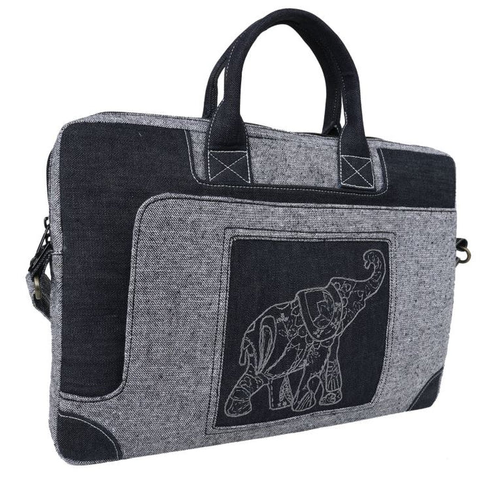 INDHA Laptop Bag | Grey Cotton Laptop Bag | Black Denim Laptop Bag | Hand Embroidered Chain Stitch and Kantha Work Grey Elephant Design | 16 Inch Laptop Bag | Water Resistant Laptop Bag |