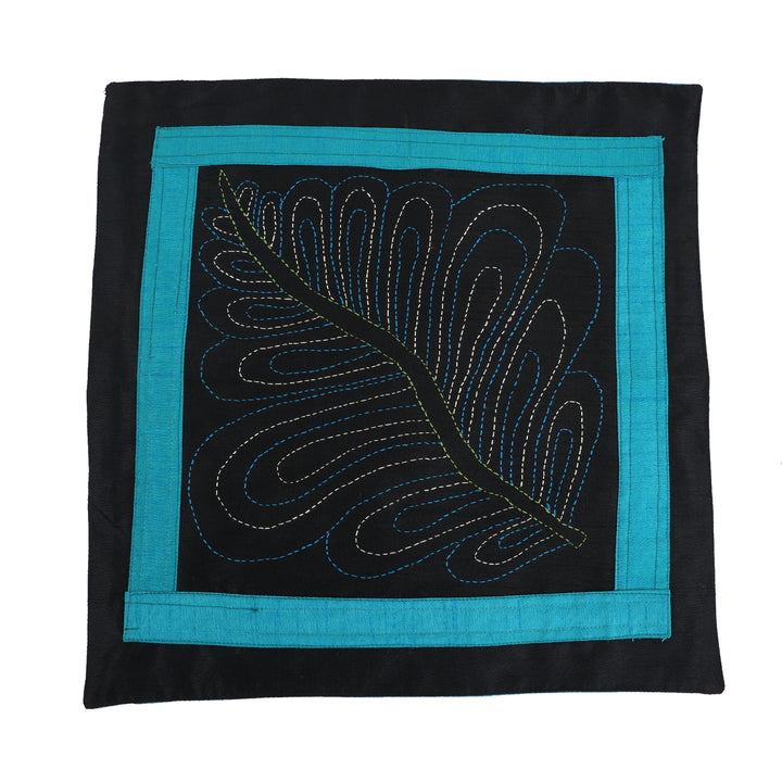 INDHA Cushion Cover Set of 2 with Kantha-Embroidery | Embroidered Cushion Cover 16.0 X 16.0 Inches | Exquisite Leaf Hand -Embroidered Silk | Wedding | Corporate Gift