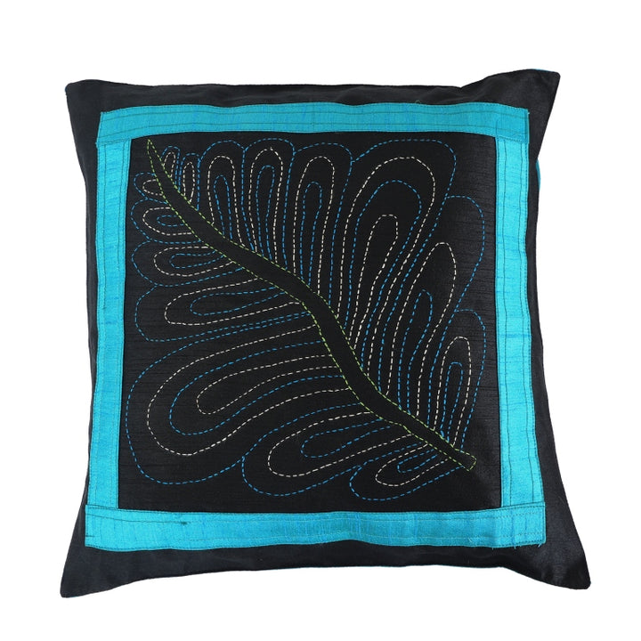 INDHA Cushion Cover Set of 2 with Kantha-Embroidery | Embroidered Cushion Cover 16.0 X 16.0 Inches | Exquisite Leaf Hand -Embroidered Silk | Wedding | Corporate Gift