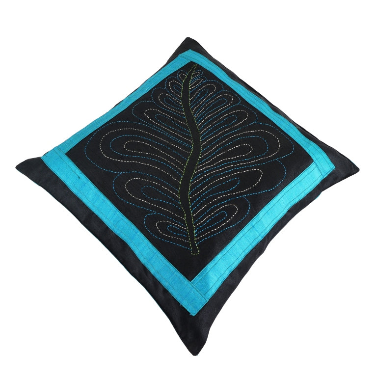 INDHA Cushion Cover Set of 2 with Kantha-Embroidery | Embroidered Cushion Cover 16.0 X 16.0 Inches | Exquisite Leaf Hand -Embroidered Silk | Wedding | Corporate Gift