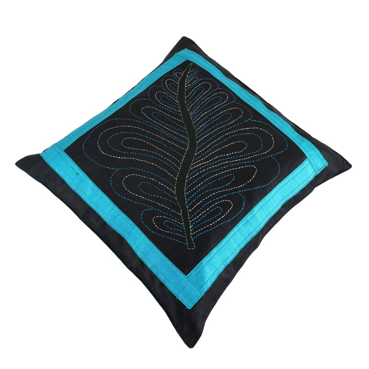 INDHA Cushion Cover Set of 2 with Kantha-Embroidery | Embroidered Cushion Cover 16.0 X 16.0 Inches | Exquisite Leaf Hand -Embroidered Silk | Wedding | Corporate Gift