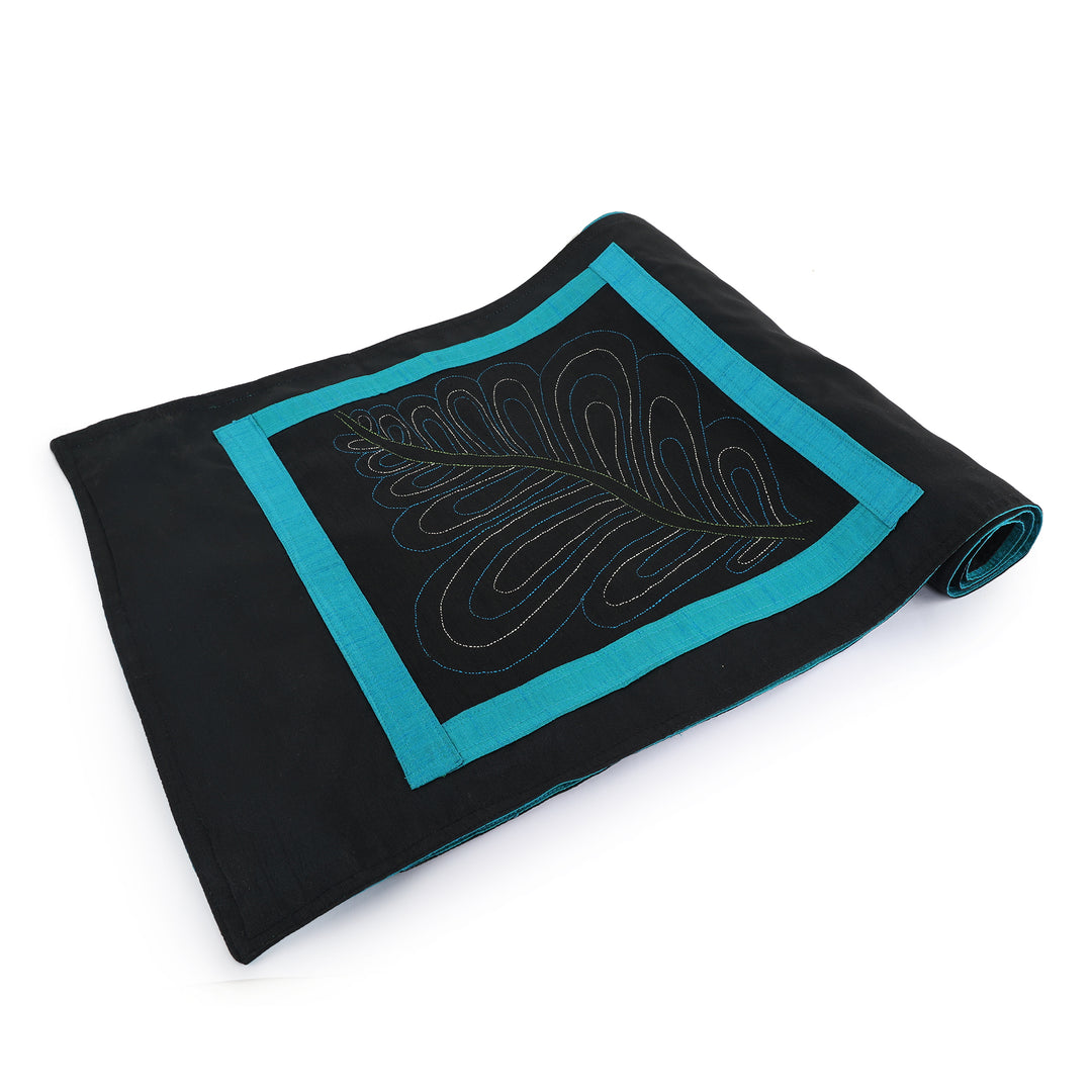 INDHA Table Runner with Kantha work in Exquisite Leaf Hand Embroidered  Silk |Wedding|Corporate Gift