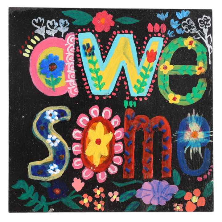 Indha Hand-Painted Wooden Coaster Set – Set of 6 | 4x4 inch | Repurposed Wood | Quirky “Be Awesome” Handwritten Reminder | Eco-Friendly Gift