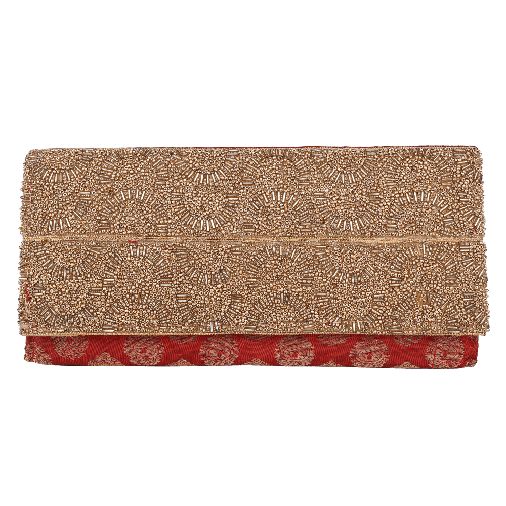 Indha Handcrafted Maroon Silk Brocade Clutch Purse| Hand Embroidered Pattern | Decorative Clutch Purse With Golden Glass Beads | Wedding Accessory | Gifting | Gifts For Her | Festive Purse | Clutch Purse|