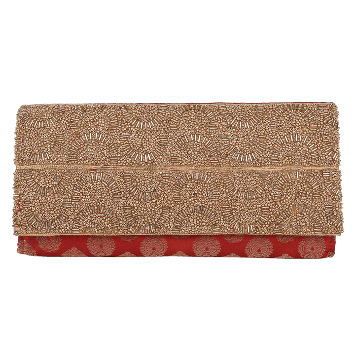 Indha Handcrafted Maroon Silk Brocade Clutch Purse| Hand Embroidered Pattern | Decorative Clutch Purse With Golden Glass Beads | Wedding Accessory | Gifting | Gifts For Her | Festive Purse | Clutch Purse|