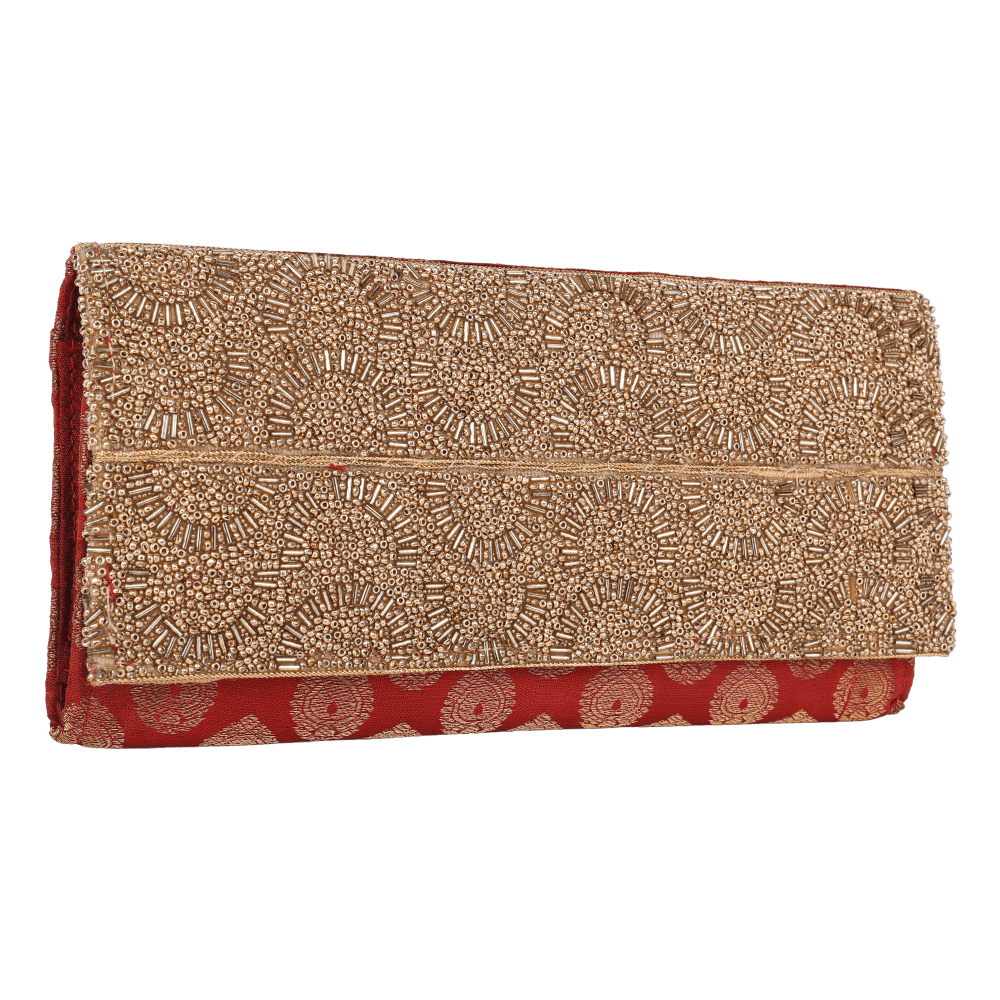 Indha Handcrafted Maroon Silk Brocade Clutch Purse| Hand Embroidered Pattern | Decorative Clutch Purse With Golden Glass Beads | Wedding Accessory | Gifting | Gifts For Her | Festive Purse | Clutch Purse|