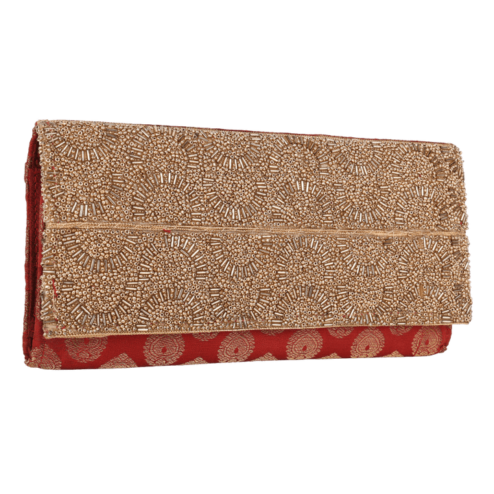 Indha Handcrafted Maroon Silk Brocade Clutch Purse| Hand Embroidered Pattern | Decorative Clutch Purse With Golden Glass Beads | Wedding Accessory | Gifting | Gifts For Her | Festive Purse | Clutch Purse|