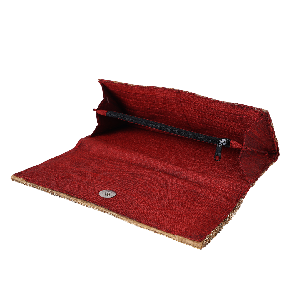 Indha Handcrafted Maroon Silk Brocade Clutch Purse| Hand Embroidered Pattern | Decorative Clutch Purse With Golden Glass Beads | Wedding Accessory | Gifting | Gifts For Her | Festive Purse | Clutch Purse|