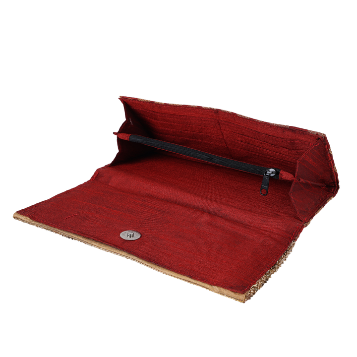 Indha Handcrafted Maroon Silk Brocade Clutch Purse| Hand Embroidered Pattern | Decorative Clutch Purse With Golden Glass Beads | Wedding Accessory | Gifting | Gifts For Her | Festive Purse | Clutch Purse|