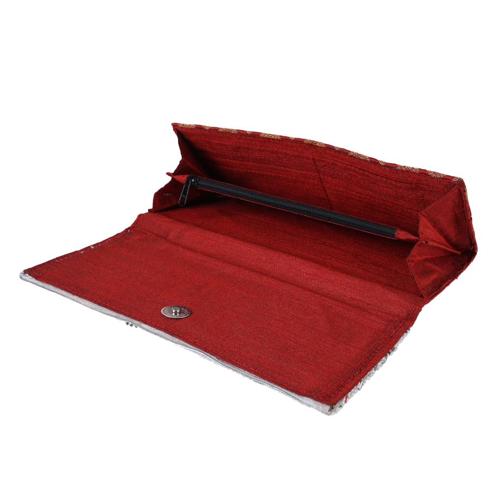 Indha Handcrafted Clutch Purse| Maroon Brocade Clutch Purse| Hand Embroidered Pattern | Decorative Clutch Purse With White Glass Beads | Wedding Accessory | Gifting | Gifts For Her | Festive Purse | Clutch Purse|