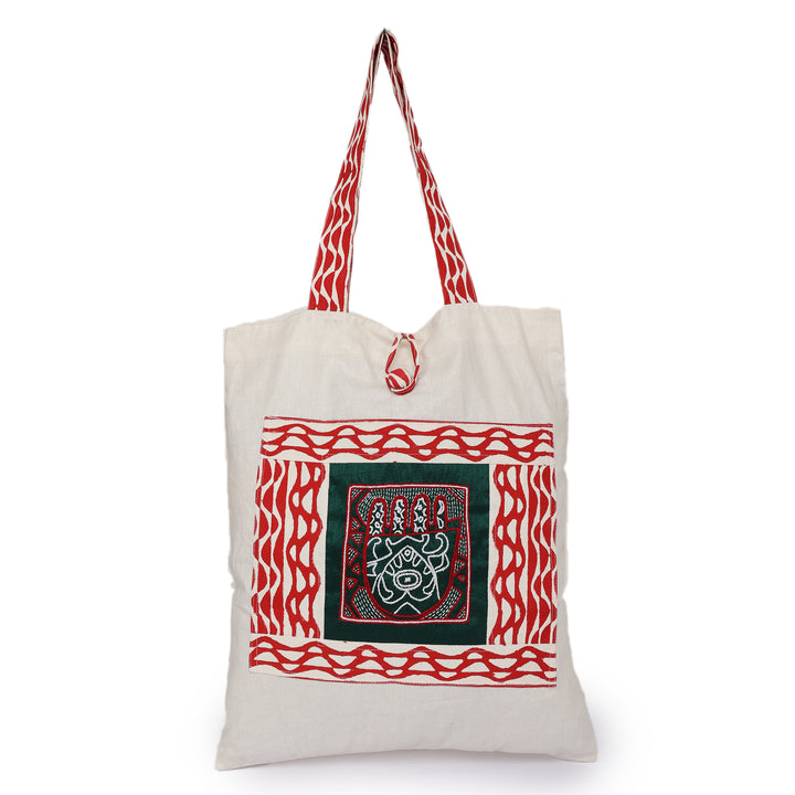 INDHA Hand Of Fatima Chain Stitch Hand Embroidered And Block Printed Multipurpose Cotton White Tote Bag | Hand Block Printed Bag | Eco-Friendly | Gifting | Corporate Gifting | Shopping Bag | Laptop Carry Bag | Traditional Tote Bag |