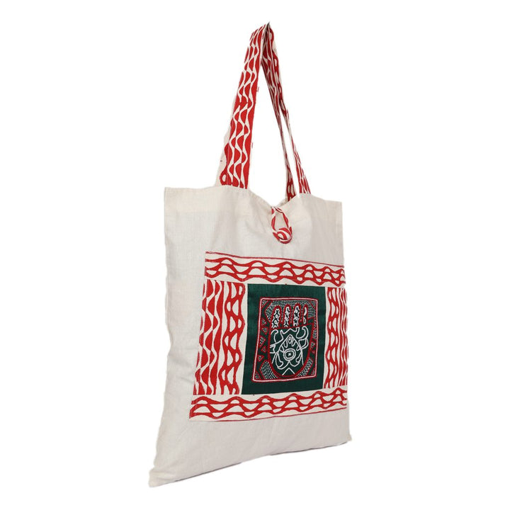 INDHA Hand Of Fatima Chain Stitch Hand Embroidered And Block Printed Multipurpose Cotton White Tote Bag | Hand Block Printed Bag | Eco-Friendly | Gifting | Corporate Gifting | Shopping Bag | Laptop Carry Bag | Traditional Tote Bag |