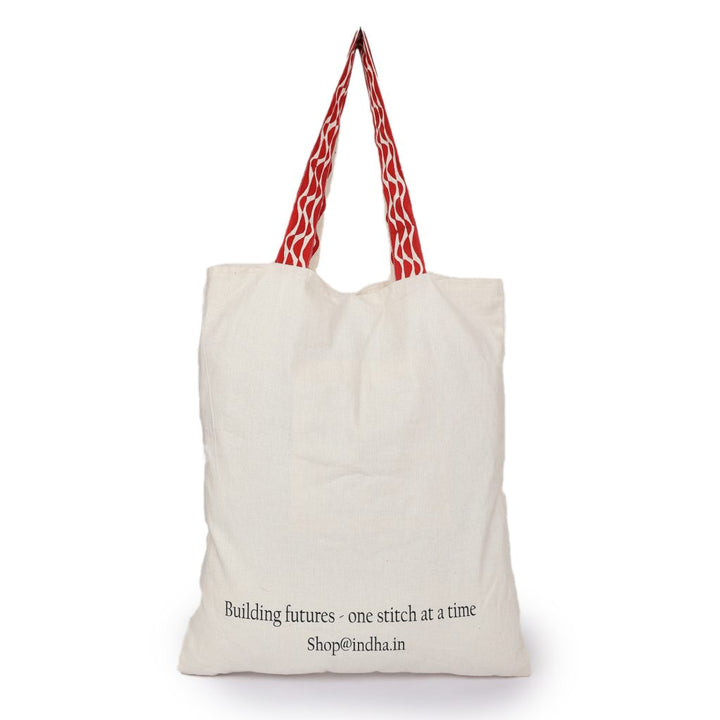 INDHA Hand Of Fatima Chain Stitch Hand Embroidered And Block Printed Multipurpose Cotton White Tote Bag | Hand Block Printed Bag | Eco-Friendly | Gifting | Corporate Gifting | Shopping Bag | Laptop Carry Bag | Traditional Tote Bag |