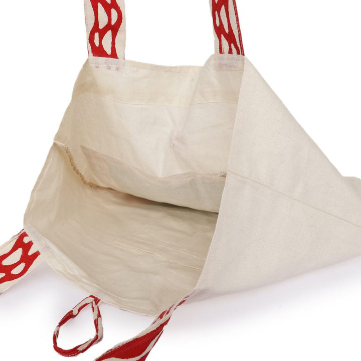 INDHA Hand Of Fatima Chain Stitch Hand Embroidered And Block Printed Multipurpose Cotton White Tote Bag | Hand Block Printed Bag | Eco-Friendly | Gifting | Corporate Gifting | Shopping Bag | Laptop Carry Bag | Traditional Tote Bag |