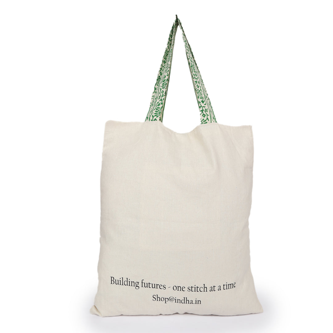 INDHA Owl Chain Stitch Hand Embroidered And Block Printed Multipurpose Cotton White Tote Bag | Hand Block Printed Bag | Eco-Friendly | Gifting | Corporate Gifting | Shopping Bag | Laptop Carry Bag | Traditional Tote Bag