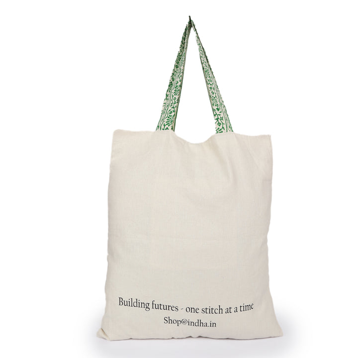 INDHA Owl Chain Stitch Hand Embroidered And Block Printed Multipurpose Cotton White Tote Bag | Hand Block Printed Bag | Eco-Friendly | Gifting | Corporate Gifting | Shopping Bag | Laptop Carry Bag | Traditional Tote Bag