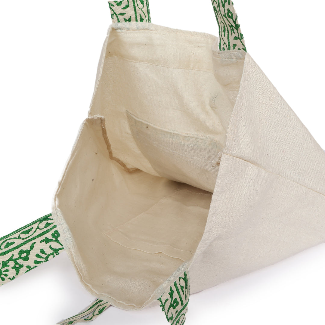 INDHA Owl Chain Stitch Hand Embroidered And Block Printed Multipurpose Cotton White Tote Bag | Hand Block Printed Bag | Eco-Friendly | Gifting | Corporate Gifting | Shopping Bag | Laptop Carry Bag | Traditional Tote Bag