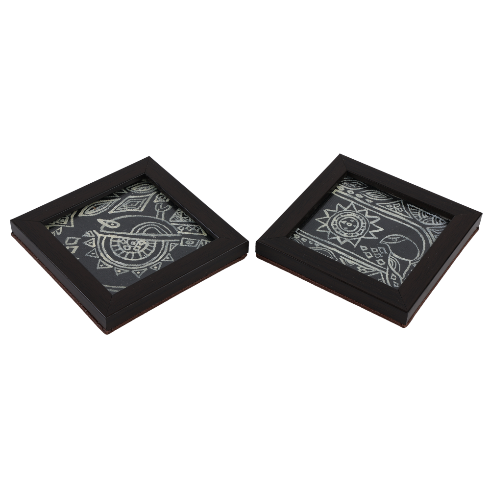 INDHA Bird Design Hand Block Printed Reprocessed Wood Glass Coasters |Black Dupion Silk |Wooden Table Decor | Set Of 2 Glass Coaster | Gifting | Corporate Gifting | Handcrafted Décor |Living Room Utility