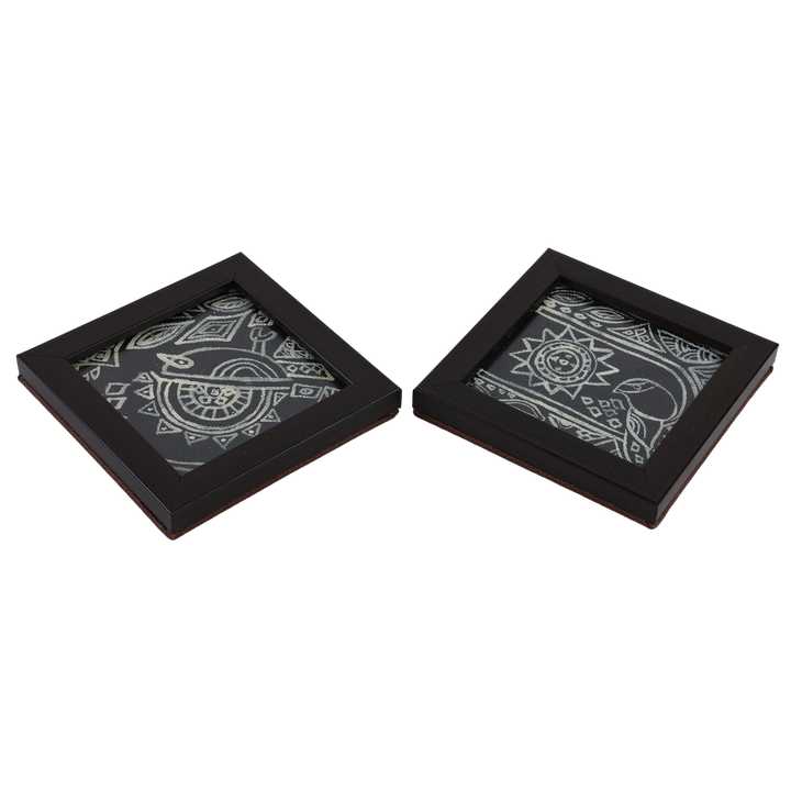 INDHA Bird Design Hand Block Printed Reprocessed Wood Glass Coasters |Black Dupion Silk |Wooden Table Decor | Set Of 2 Glass Coaster | Gifting | Corporate Gifting | Handcrafted Décor |Living Room Utility