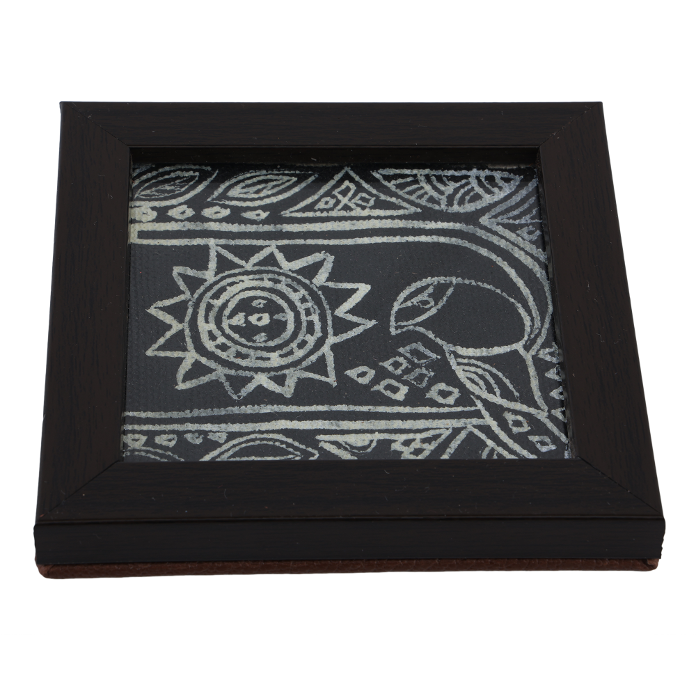 INDHA Bird Design Hand Block Printed Reprocessed Wood Glass Coasters |Black Dupion Silk |Wooden Table Decor | Set Of 2 Glass Coaster | Gifting | Corporate Gifting | Handcrafted Décor |Living Room Utility