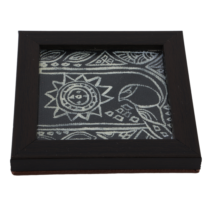 INDHA Bird Design Hand Block Printed Reprocessed Wood Glass Coasters |Black Dupion Silk |Wooden Table Decor | Set Of 2 Glass Coaster | Gifting | Corporate Gifting | Handcrafted Décor |Living Room Utility