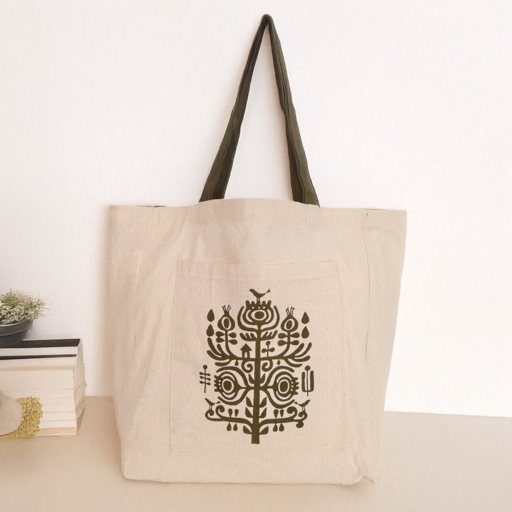 Indha Block-Printed Plant Motif Cotton Tote Bag: Nature-Inspired Art for Everyday Use