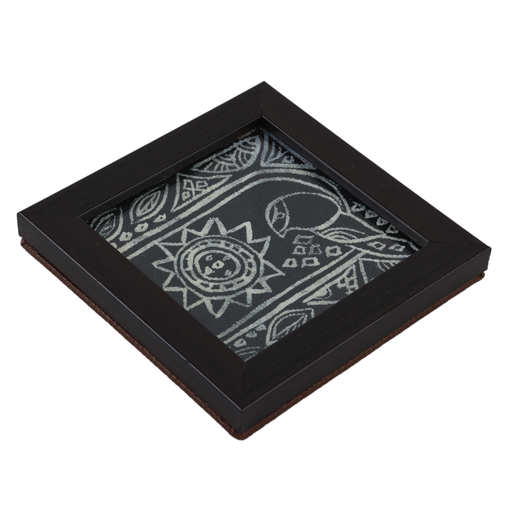 INDHA Bird Design Hand Block Printed Reprocessed Wood Glass Coasters |Black Dupion Silk |Wooden Table Decor | Set Of 2 Glass Coaster | Gifting | Corporate Gifting | Handcrafted Décor |Living Room Utility