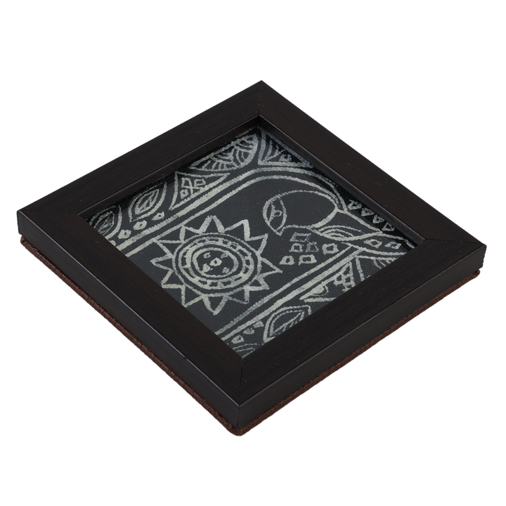 INDHA Bird Design Hand Block Printed Reprocessed Wood Glass Coasters |Black Dupion Silk |Wooden Table Decor | Set Of 2 Glass Coaster | Gifting | Corporate Gifting | Handcrafted Décor |Living Room Utility